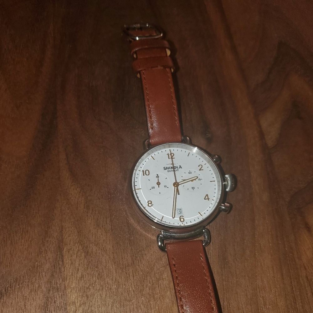 Shinola 38mm Canfield Chrono white dial/cognac
